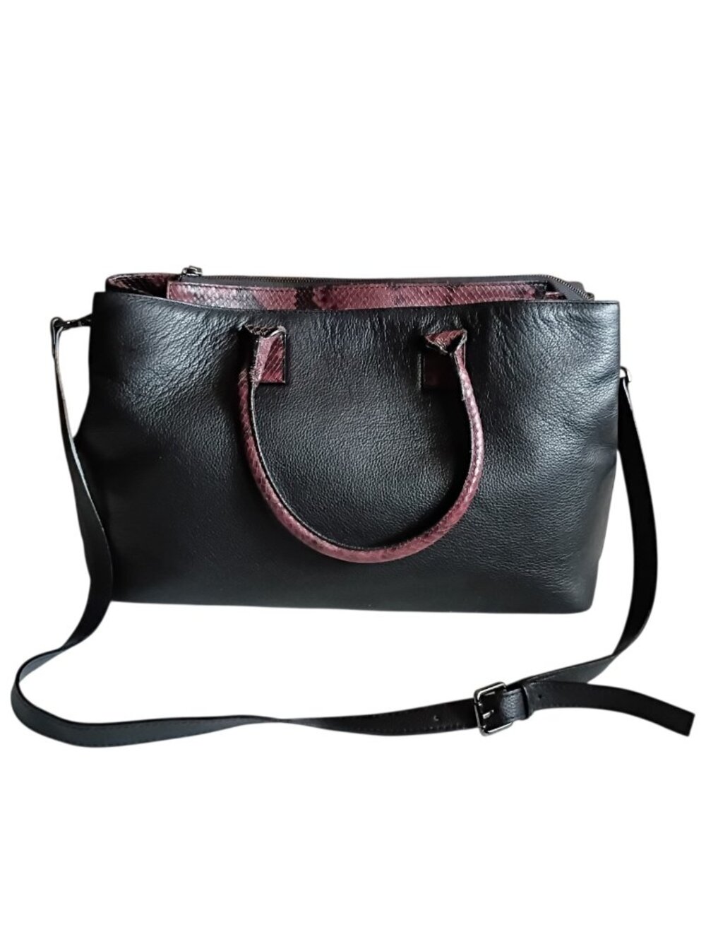 ALESSANDRO MARI Purse Bag Genuine Leather Black Burgundy Snake Print Large
